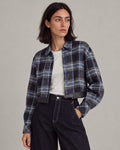 Belted-Hem Plaid Cropped Jacket in Blue Plaid — lookbook hero