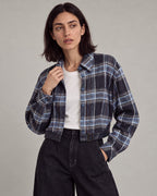 Belted-Hem Plaid Cropped Jacket in Blue Plaid — lookbook