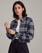 Belted-Hem Plaid Cropped Jacket in Blue Plaid — model close