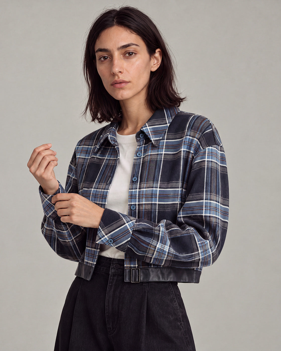 Belted-Hem Plaid Cropped Jacket in Blue Plaid — model close