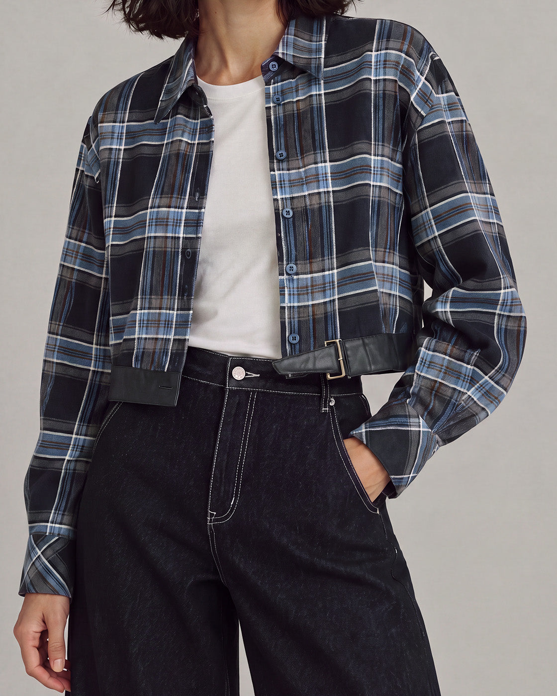 Belted-Hem Plaid Cropped Jacket in Blue Plaid — neck down