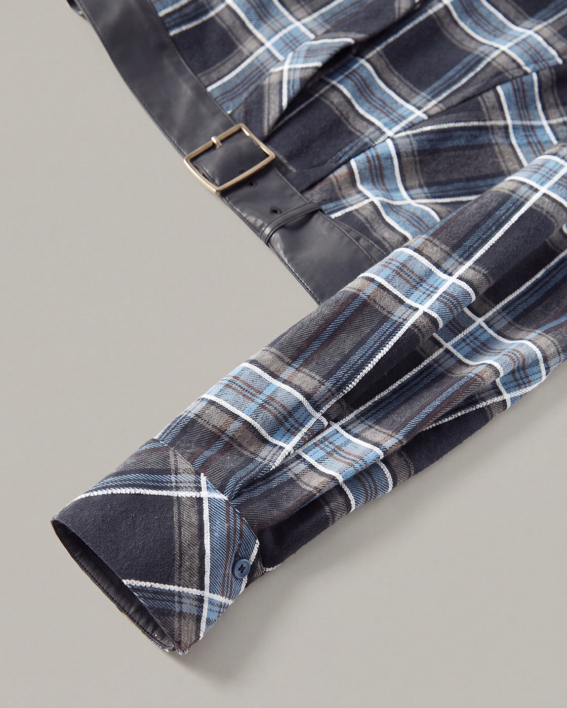 Belted-Hem Plaid Cropped Jacket in Blue Plaid — detail cuff