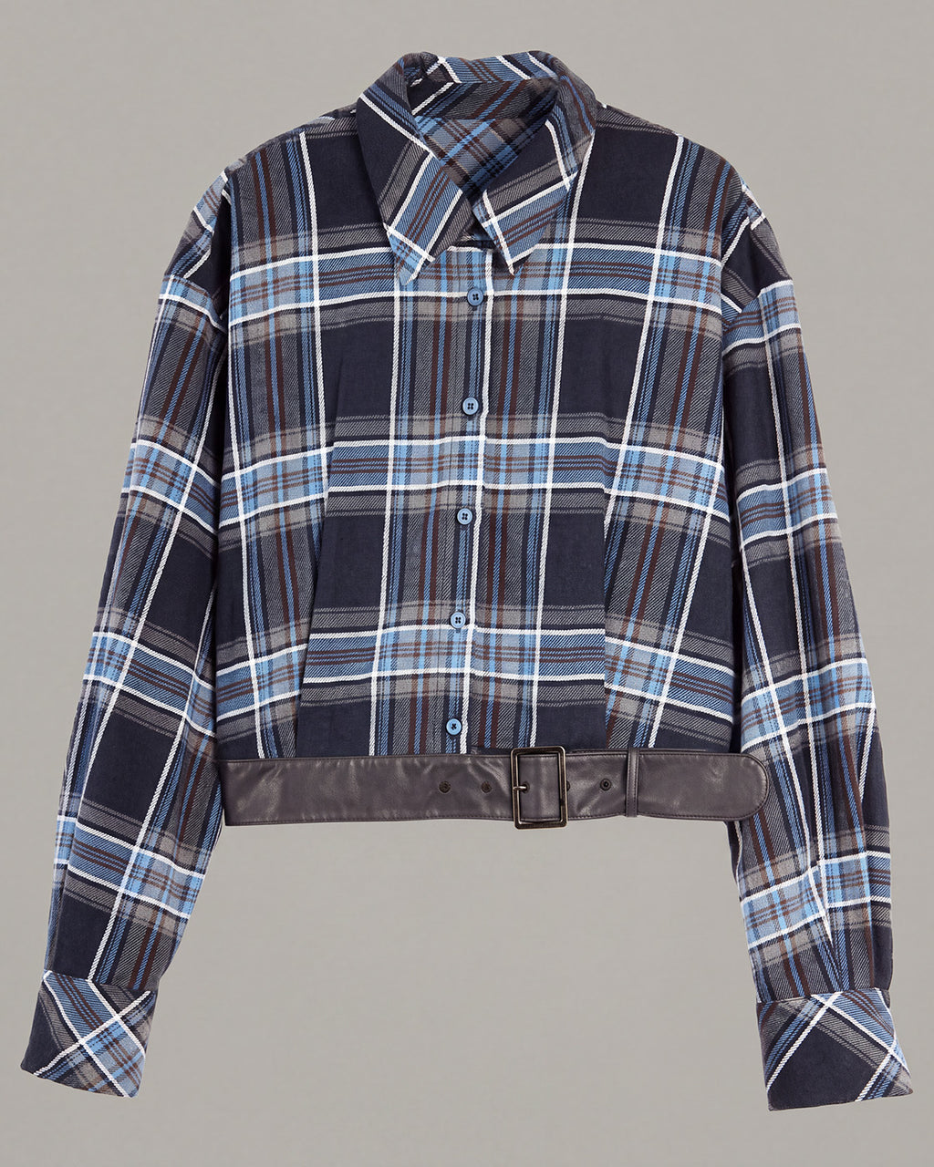 Belted-Hem Plaid Cropped Jacket in Blue Plaid — product front