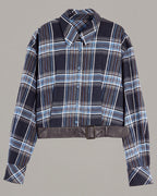 Belted-Hem Plaid Cropped Jacket in Blue Plaid — product front