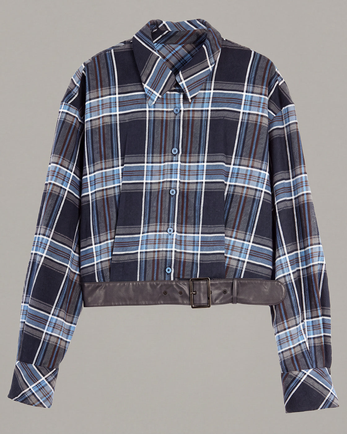 Belted-Hem Plaid Cropped Jacket in Blue Plaid — product front