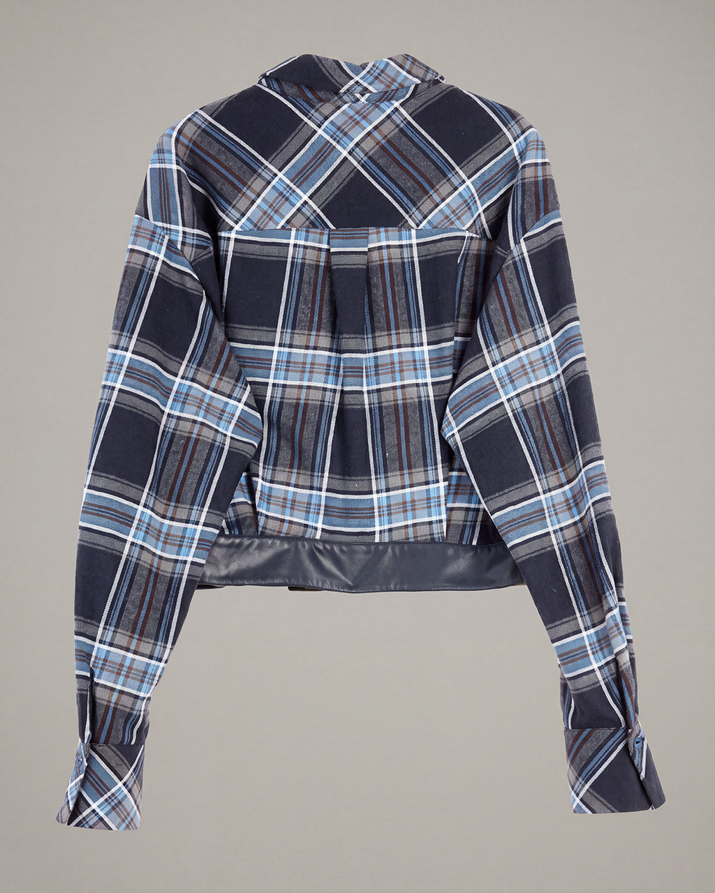 Belted-Hem Plaid Cropped Jacket in Blue Plaid — product back