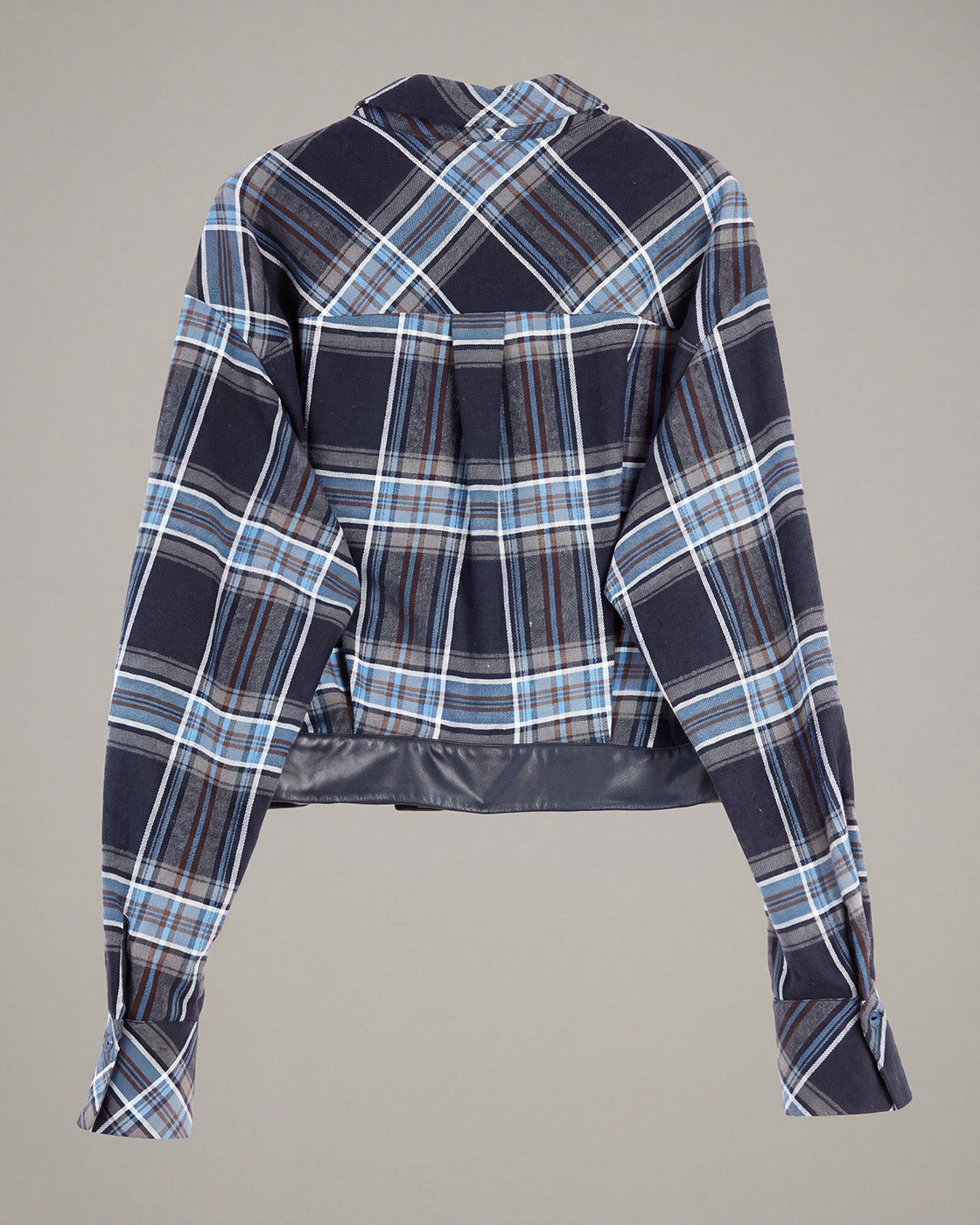 Belted-Hem Plaid Cropped Jacket in Blue Plaid — product back