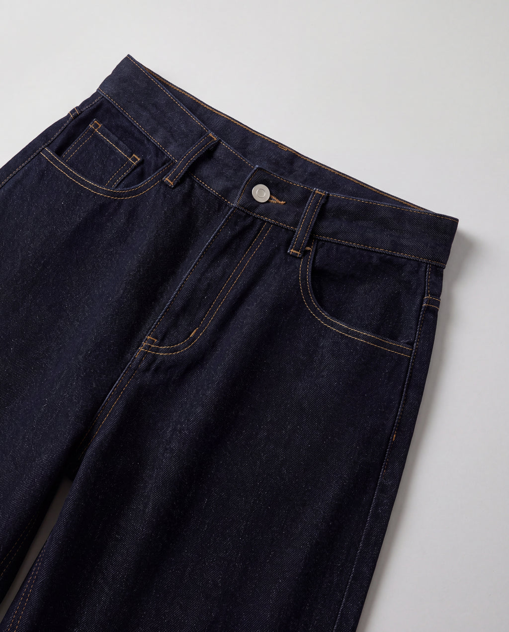 Raw Denim High-Rise Wide-Leg Jeans — Raw Indigo, waistband detail