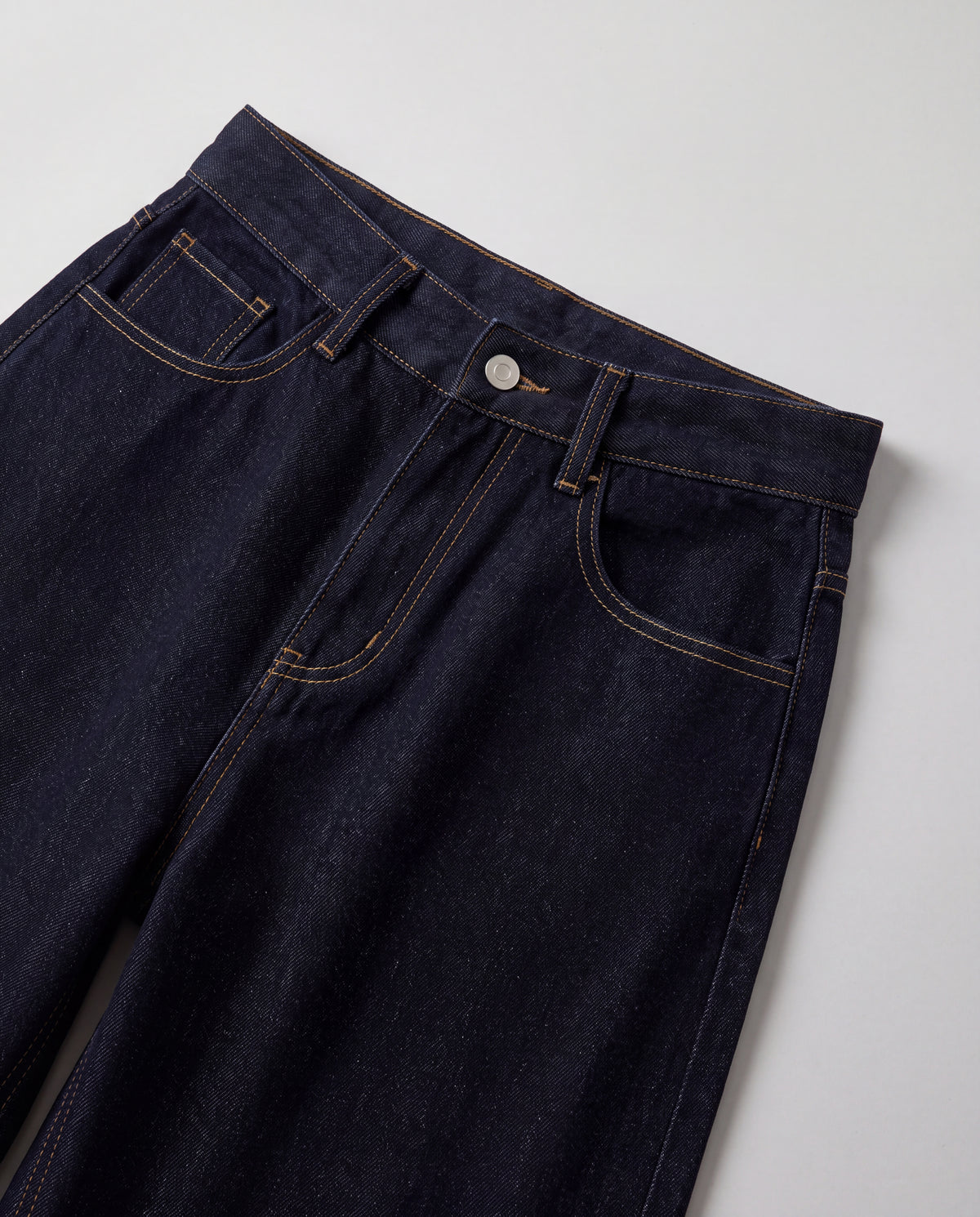 Raw Denim High-Rise Wide-Leg Jeans — Raw Indigo, waistband detail