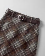 Plaid Split-Hem Midi Skirt — Brown Gray Plaid, waistband detail