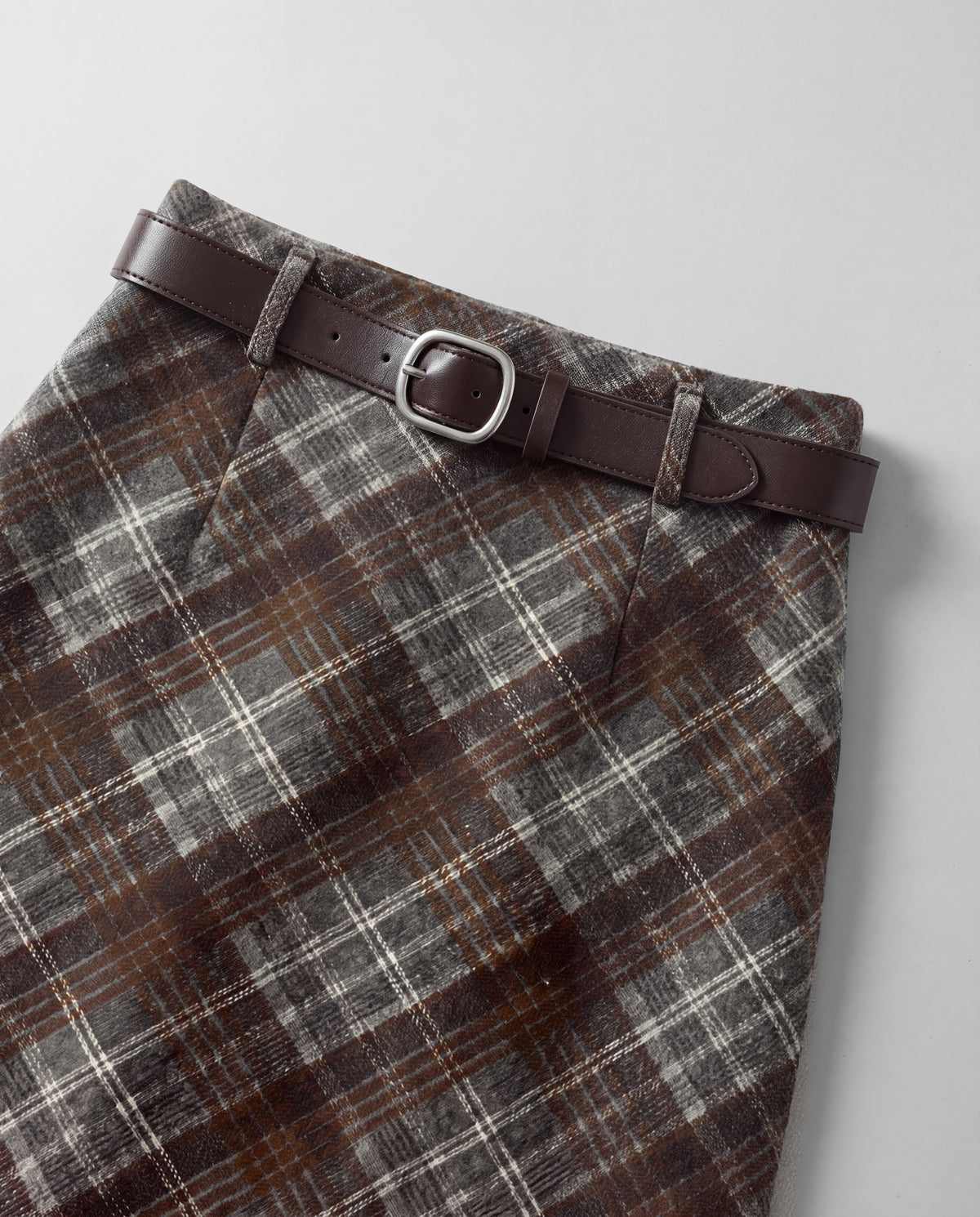Plaid Split-Hem Midi Skirt — Brown Gray Plaid, waistband detail