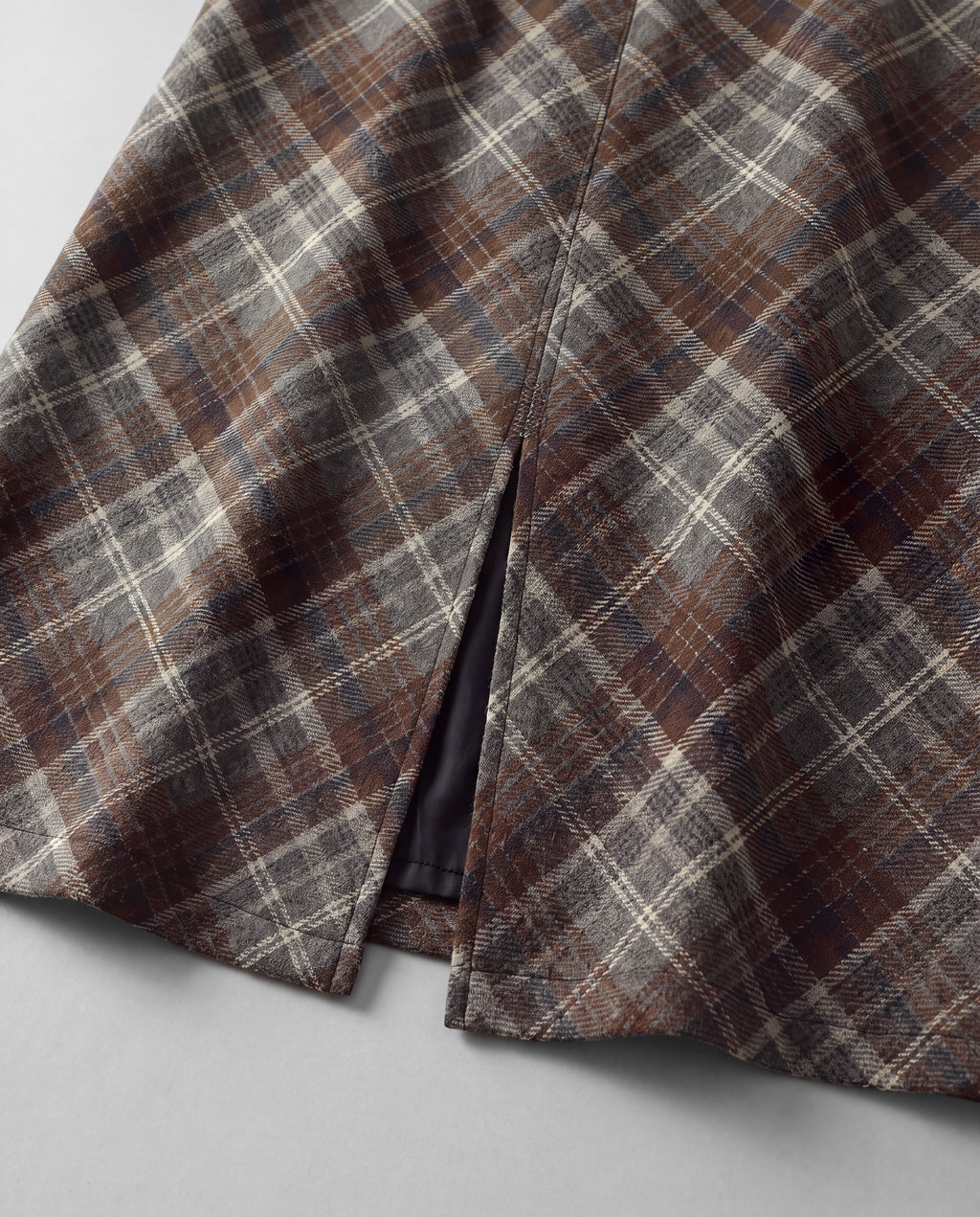 Plaid Split-Hem Midi Skirt — Brown Gray Plaid, back slit detail