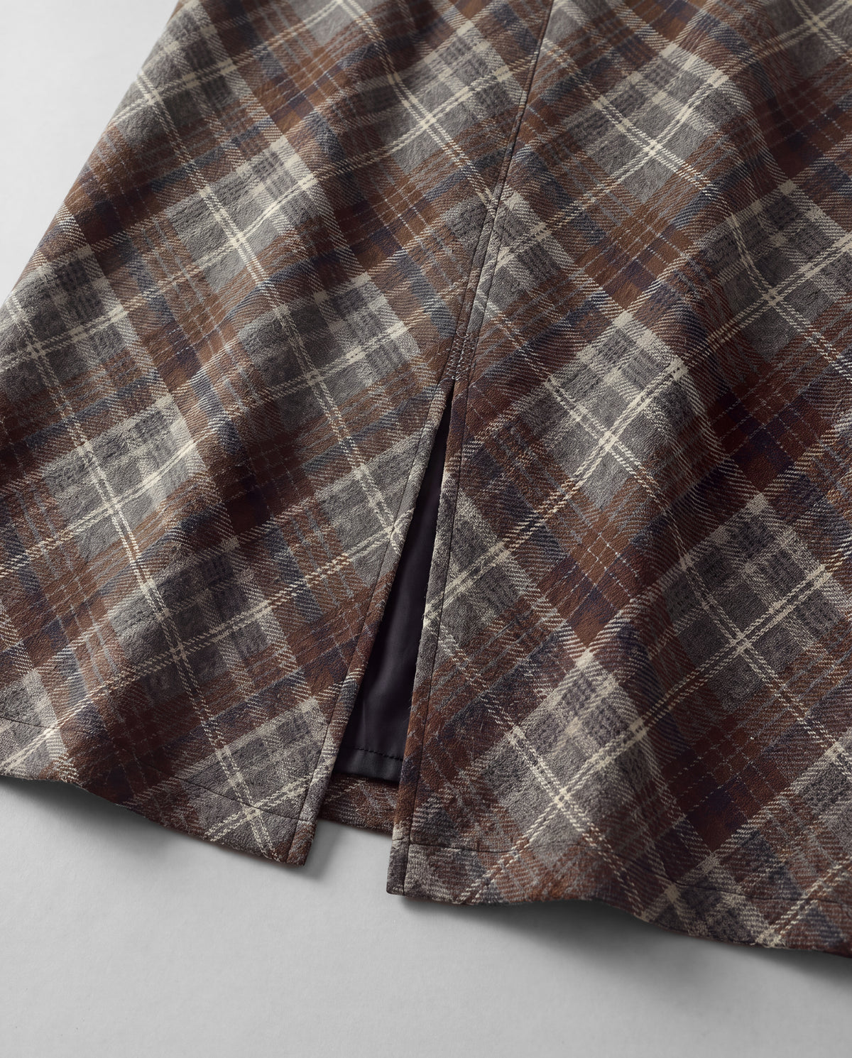 Plaid Split-Hem Midi Skirt — Brown Gray Plaid, back slit detail