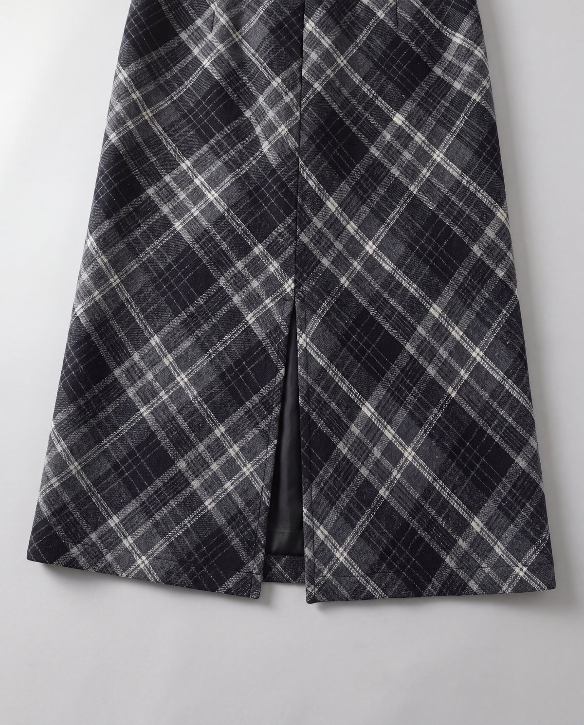 Plaid Split-Hem Midi Skirt — Black Gray Plaid, back slit detail
