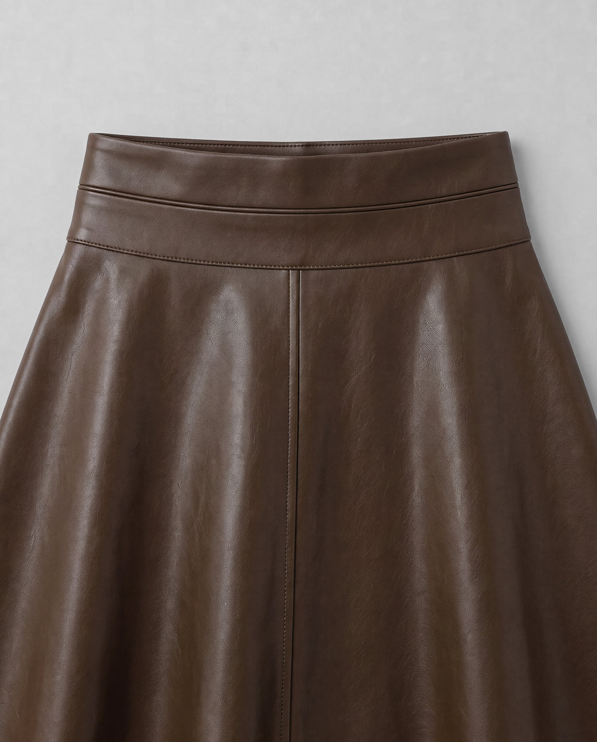 PU A-Line Midi Skirt — Brown, waistband detail