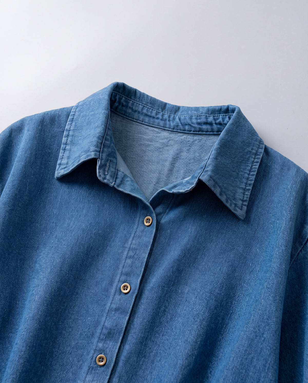 Relaxed Denim Button-Up Shirt — Blue, collar detail