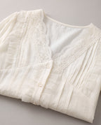 Lace-Trim V-Neck Blouse — White, neckline detail