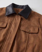 Contrast-Collar Suede Jacket — Brown, collar detail