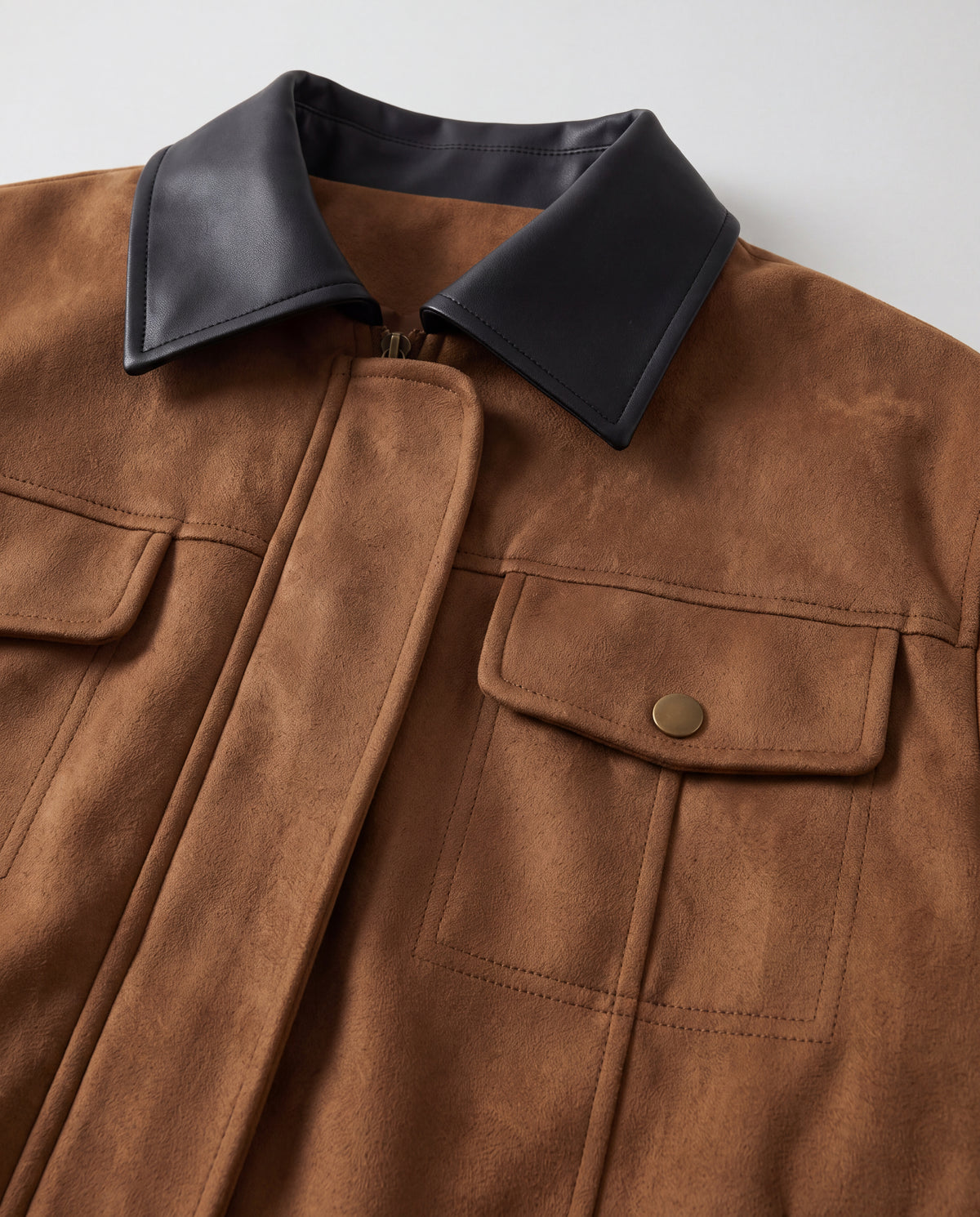 Contrast-Collar Suede Jacket — Brown, collar detail