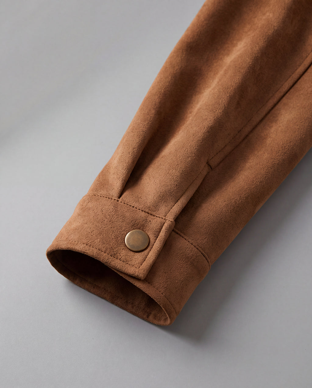 Contrast-Collar Suede Jacket — Brown, cuff detail
