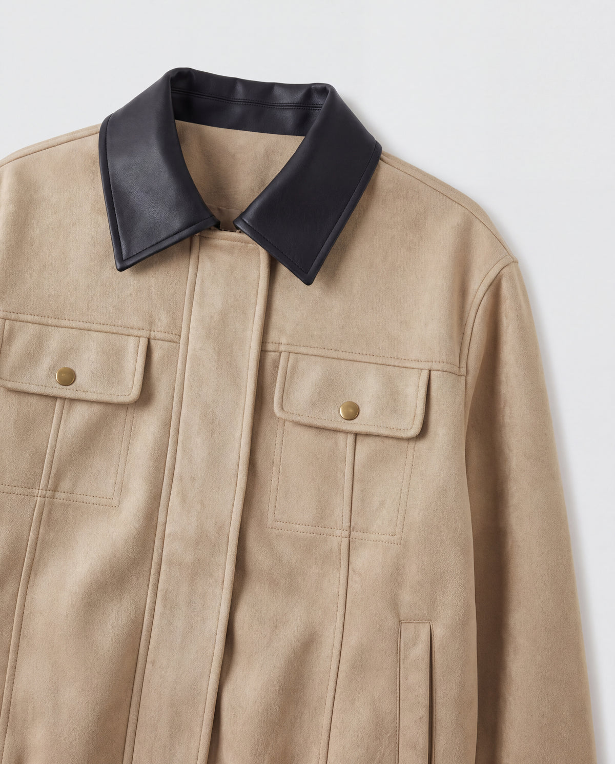 Contrast-Collar Suede Jacket — Beige, collar detail