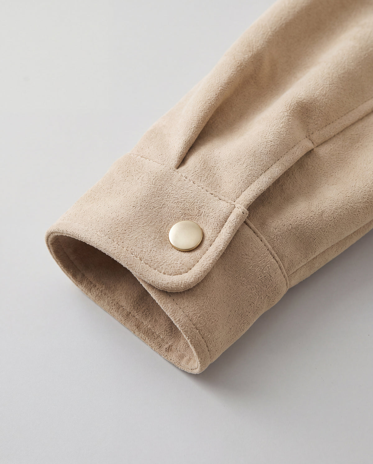 Contrast-Collar Suede Jacket — Beige, cuff detail