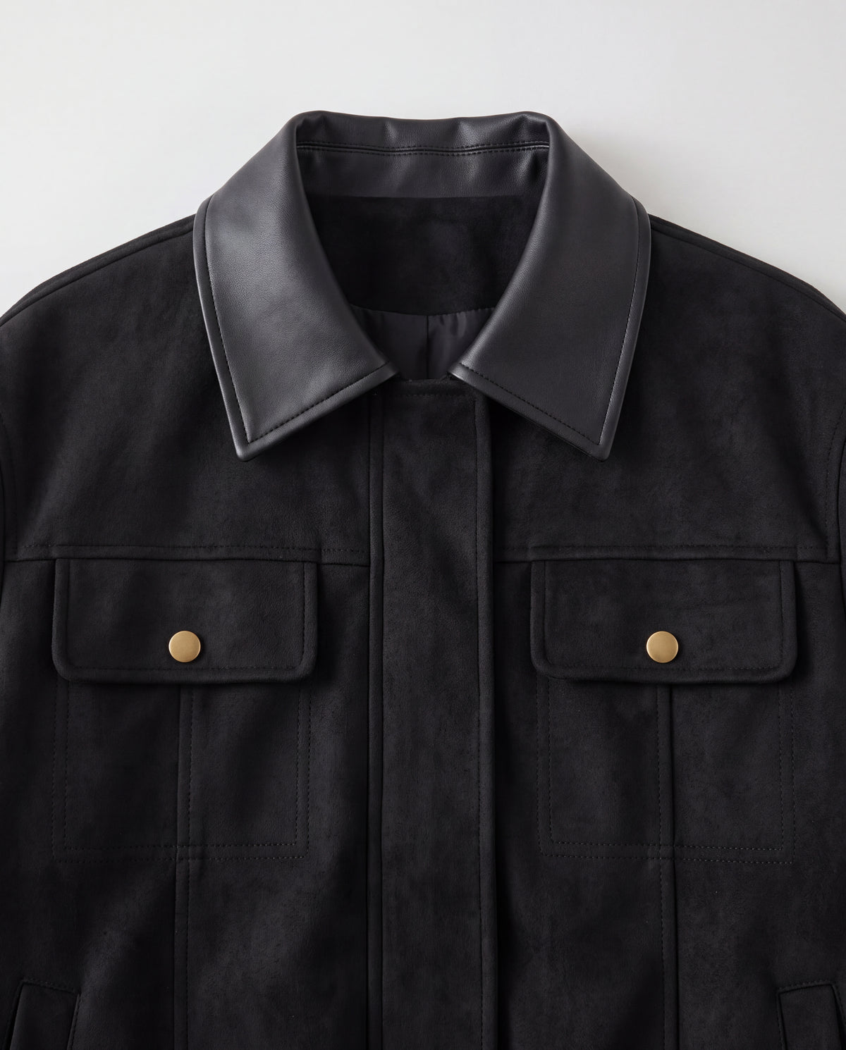 Contrast-Collar Suede Jacket — Black, collar detail