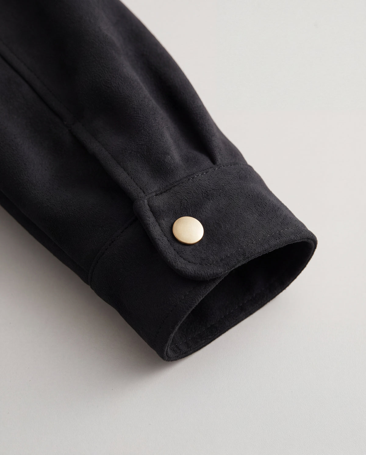 Contrast-Collar Suede Jacket — Black, cuff detail
