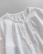 Lace-Trim Puff Sleeve Blouse — White, neckline detail