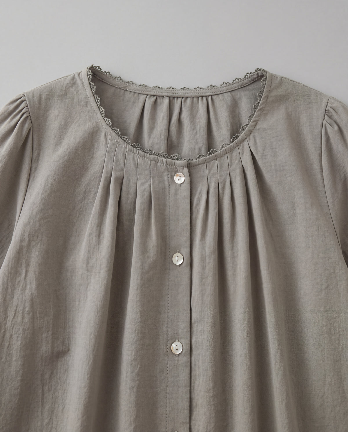 Lace-Trim Puff Sleeve Blouse — Sage Gray, neckline detail