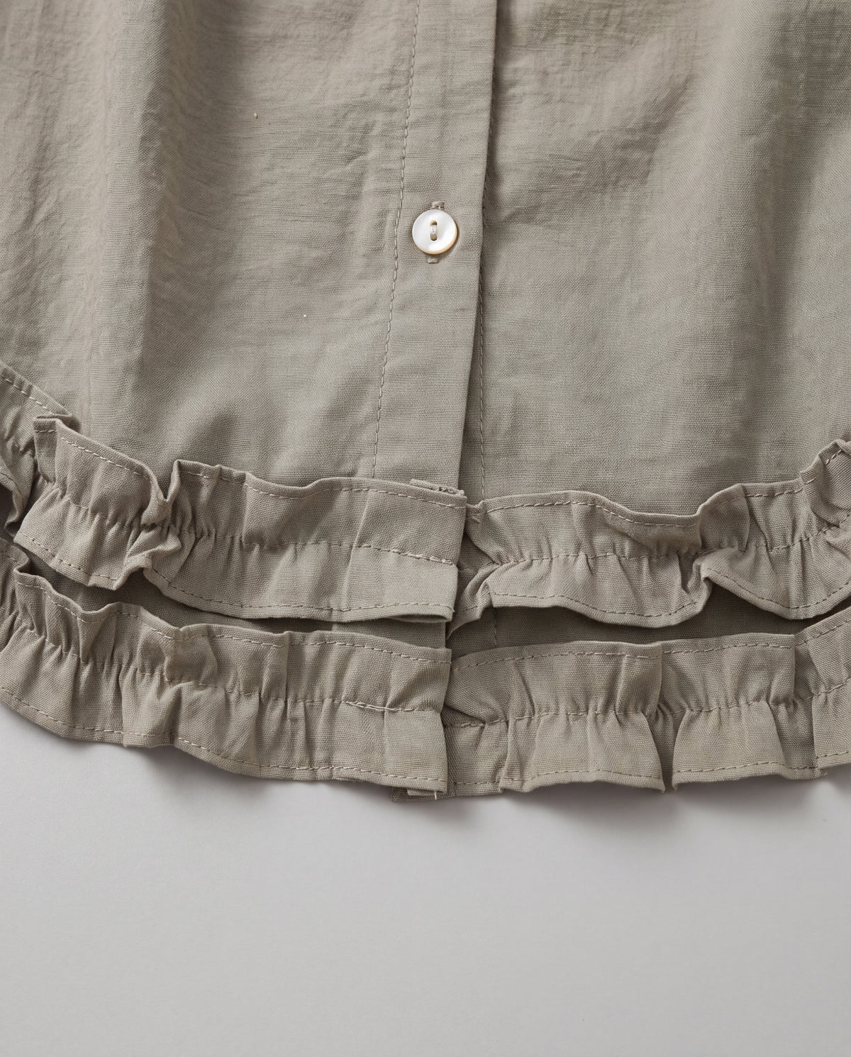 Lace-Trim Puff Sleeve Blouse — Sage Gray, hem detail