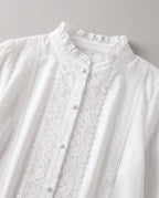 Lace-Trim Stand-Collar Blouse — White, collar detail