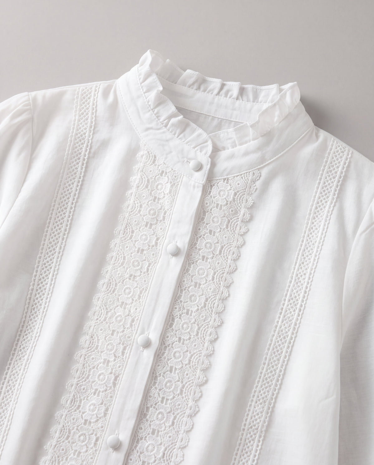 Lace-Trim Stand-Collar Blouse — White, collar detail