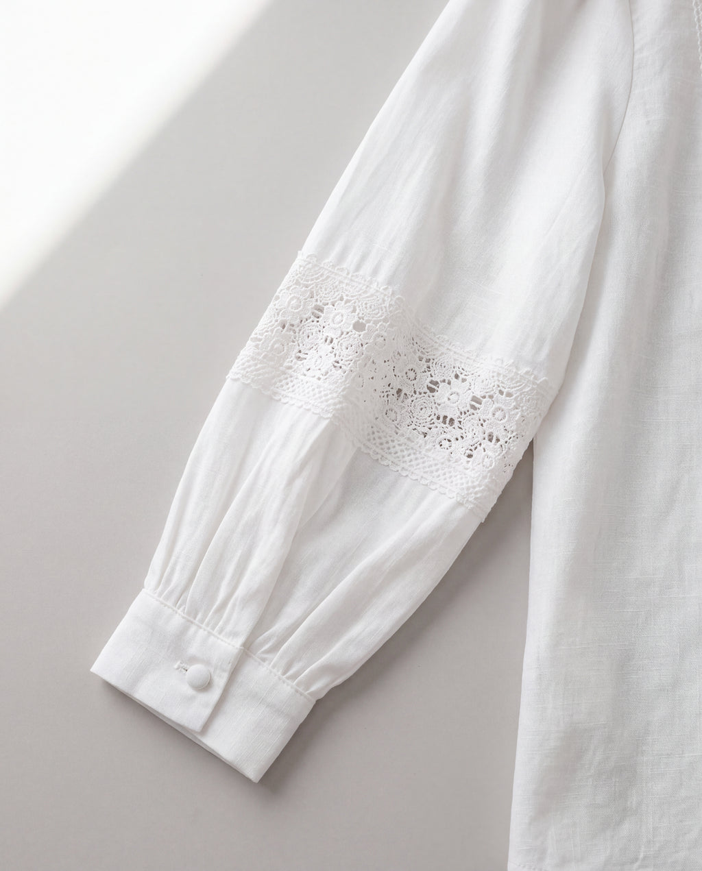 Lace-Trim Stand-Collar Blouse — White, cuff detail