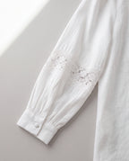 Lace-Trim Stand-Collar Blouse — White, cuff detail