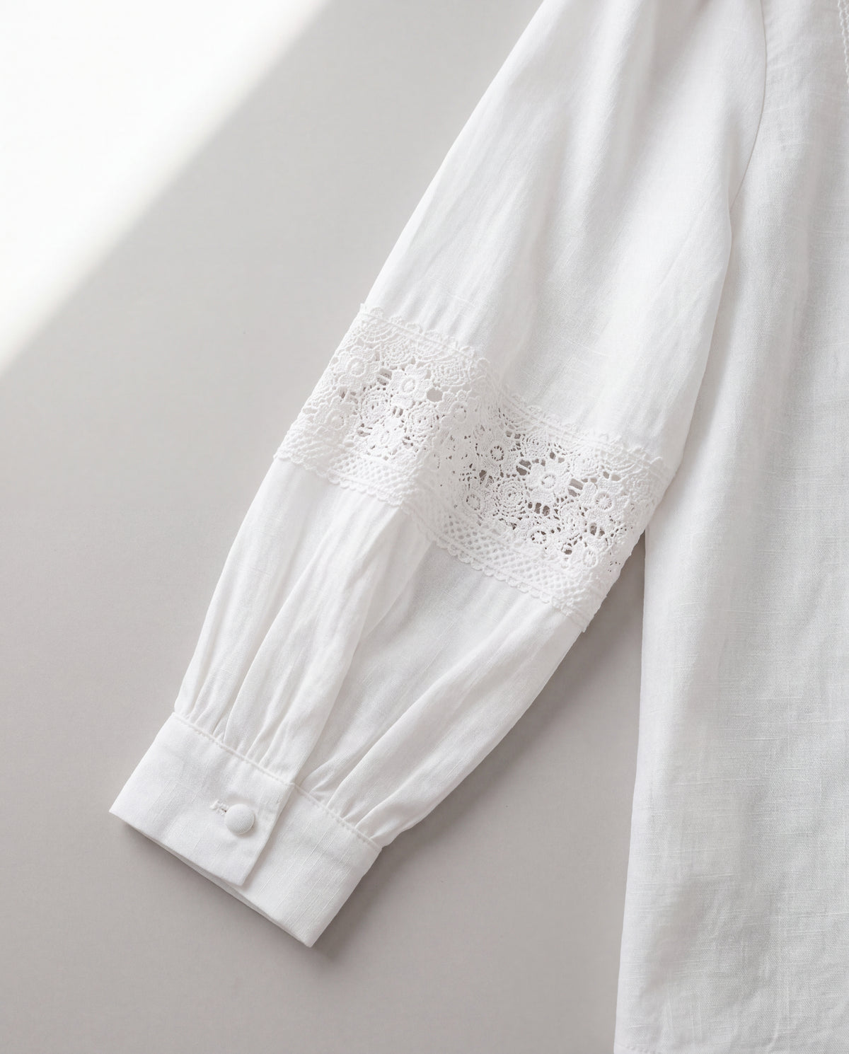 Lace-Trim Stand-Collar Blouse — White, cuff detail