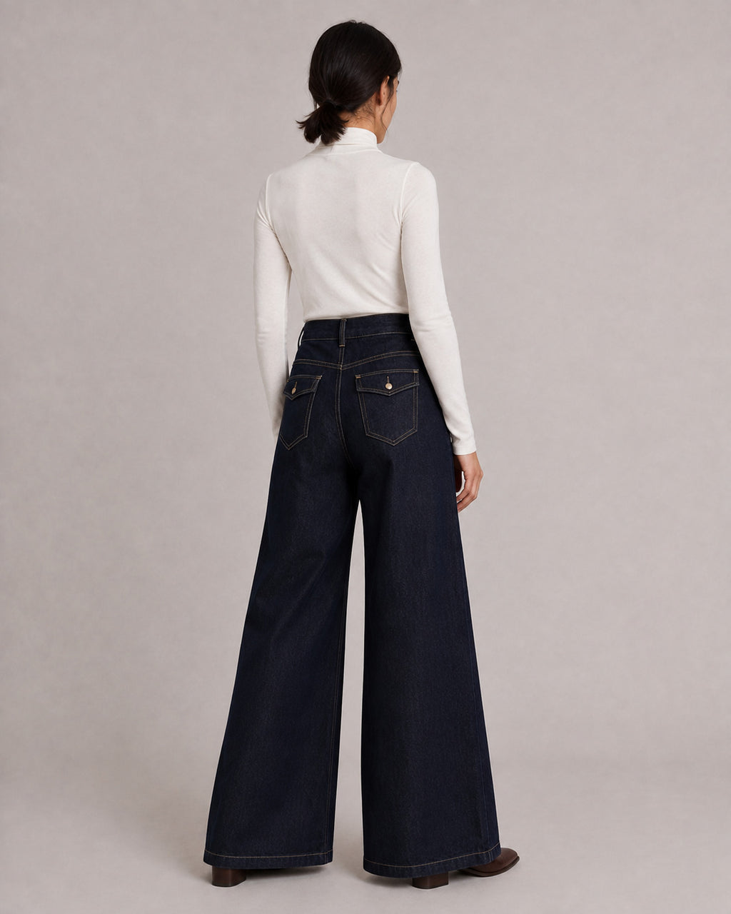 Raw Denim High-Rise Wide-Leg Jeans — Raw Indigo, model back view