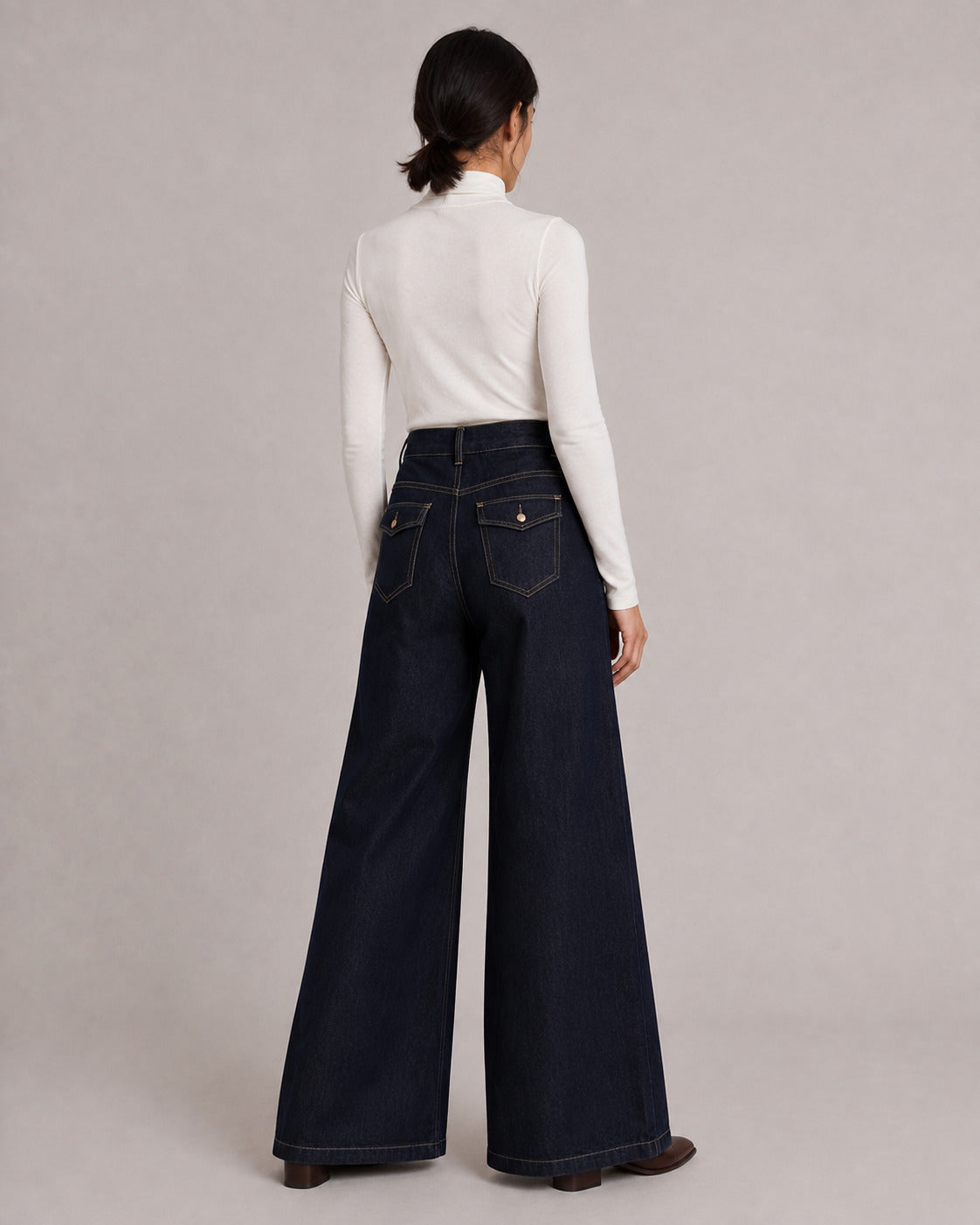 Raw Denim High-Rise Wide-Leg Jeans — Raw Indigo, model back view