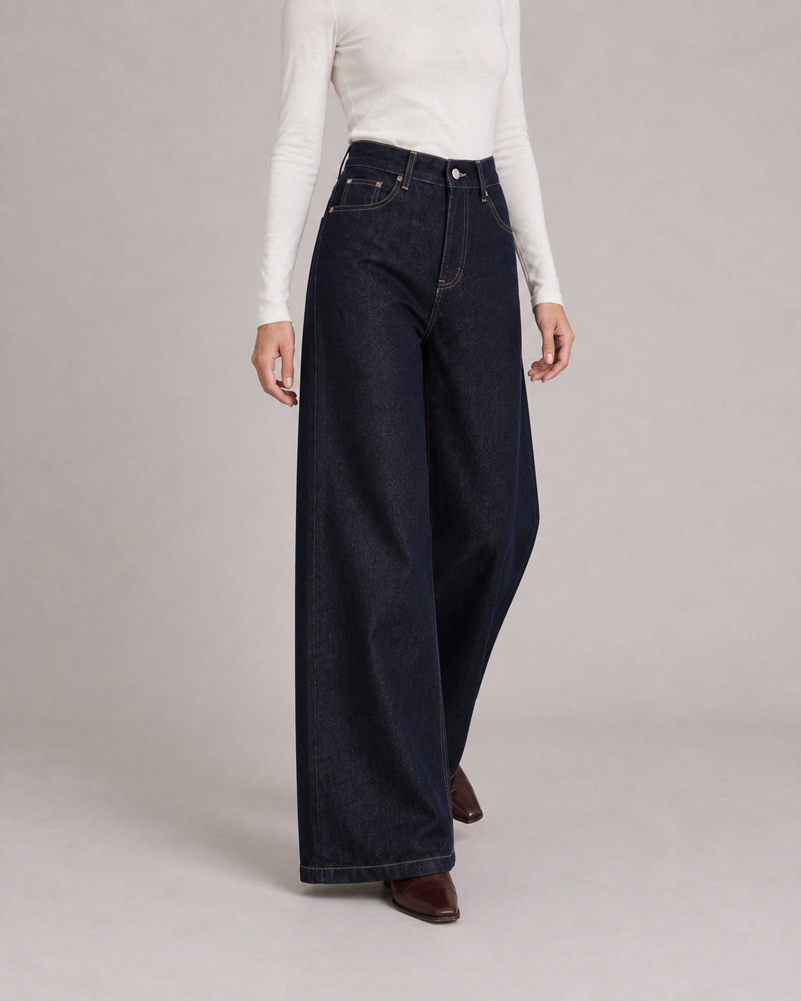 Raw Denim High-Rise Wide-Leg Jeans — Raw Indigo, model close view
