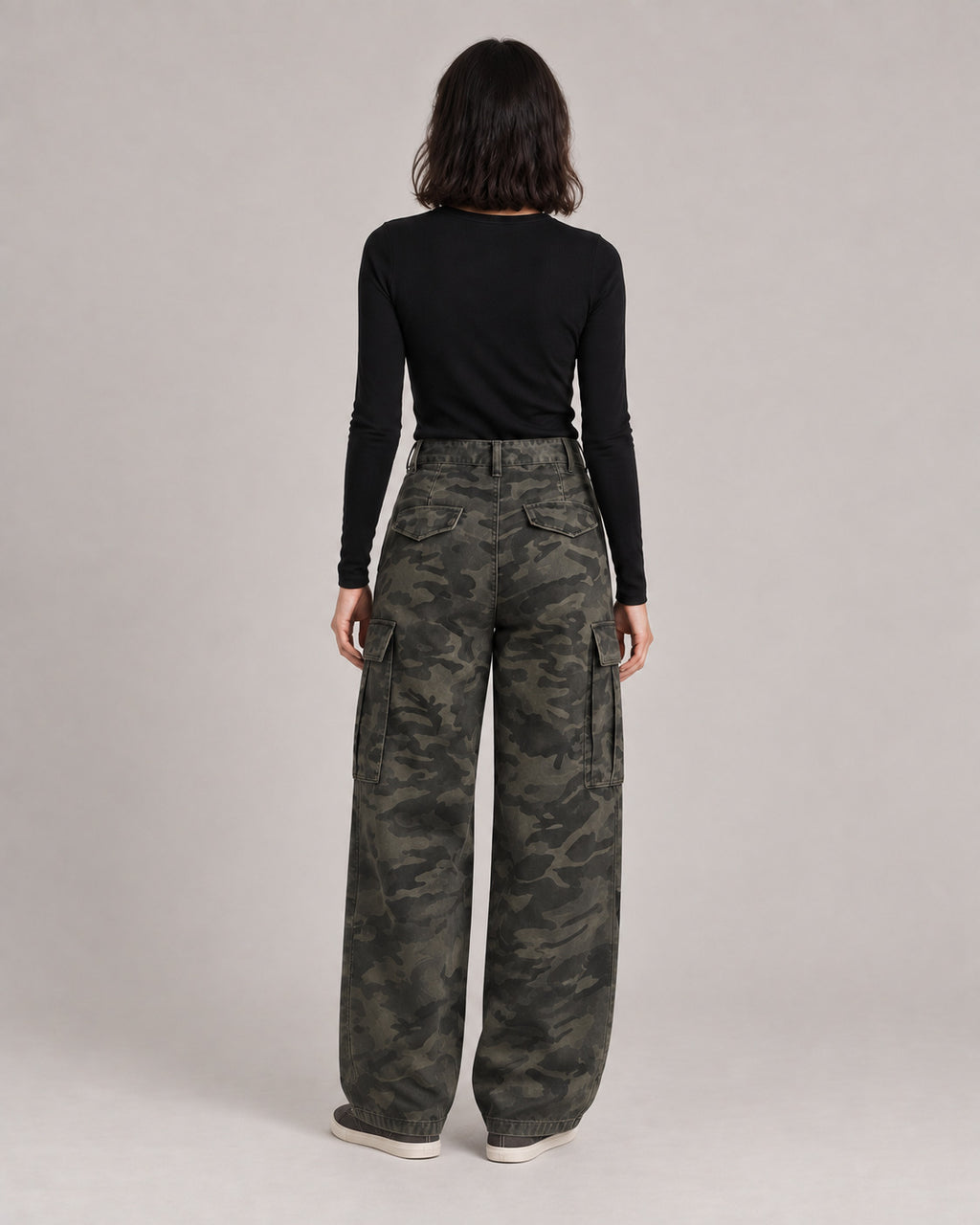 Camo Cargo Wide-Leg Jeans — Camo, model back view
