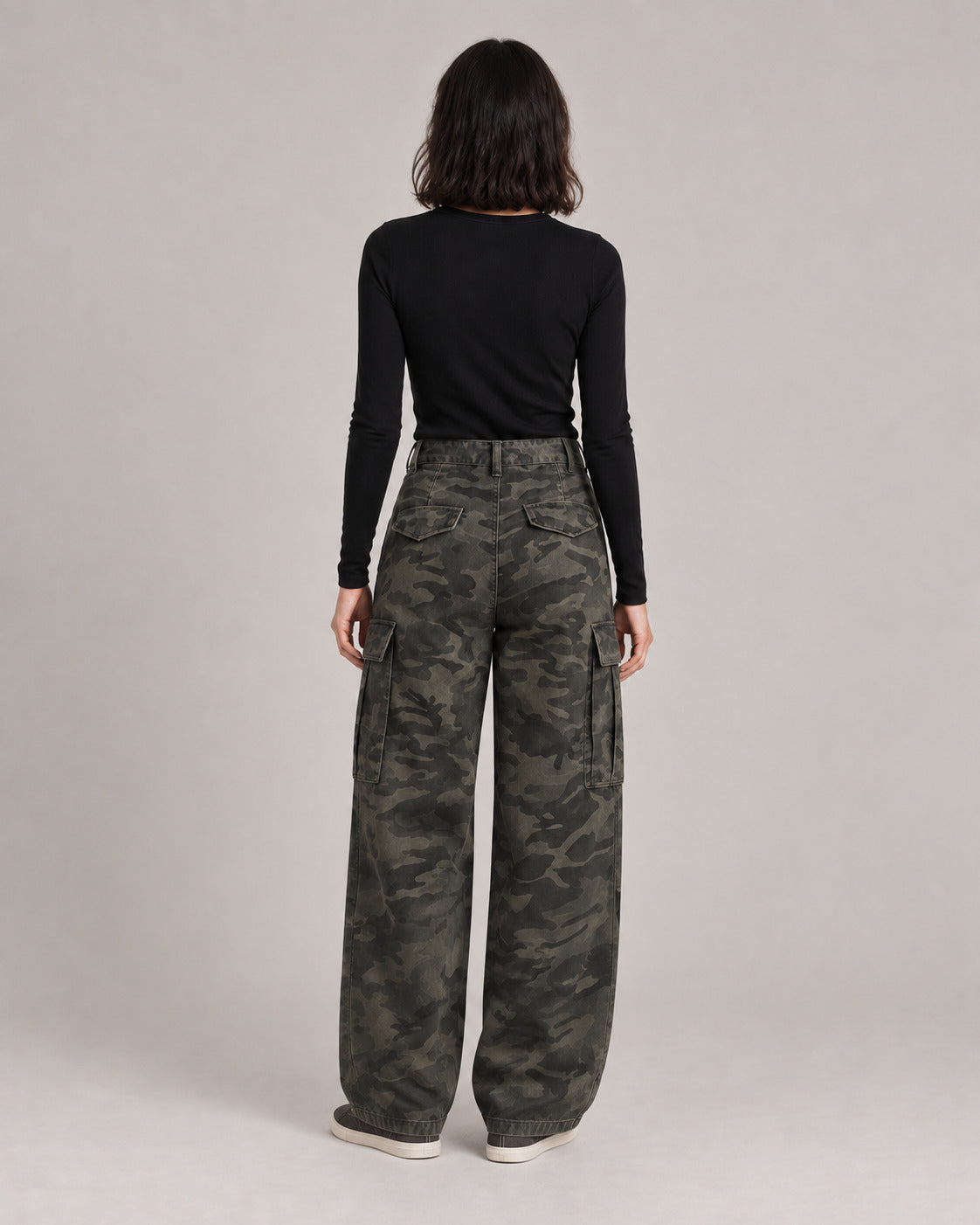 Camo Cargo Wide-Leg Jeans — Camo, model back view