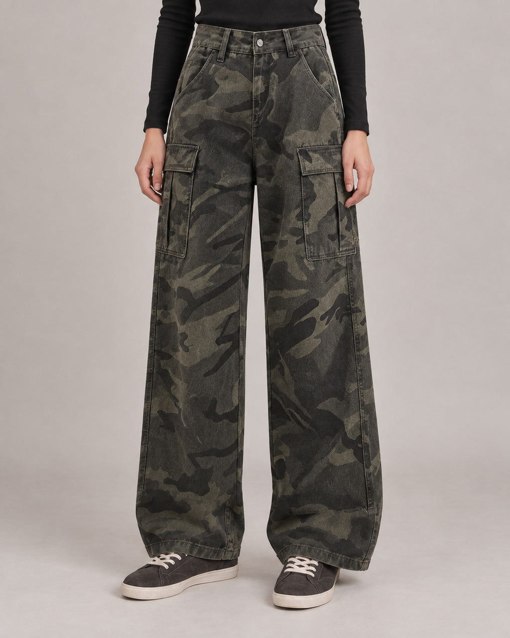 Camo Cargo Wide-Leg Jeans — Camo, model close view
