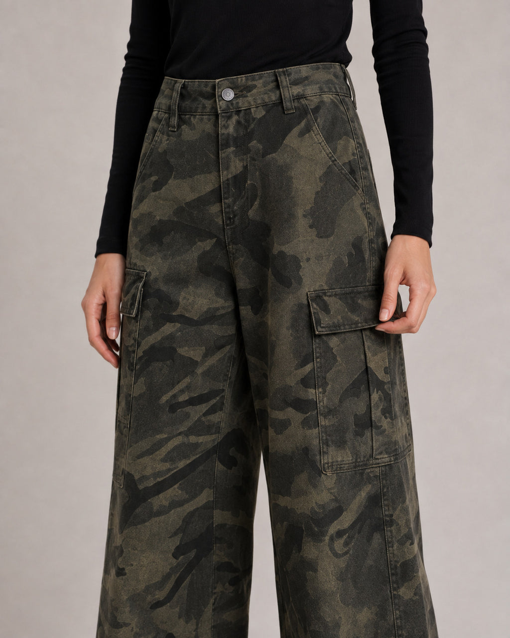 Camo Cargo Wide-Leg Jeans — Camo, model detail
