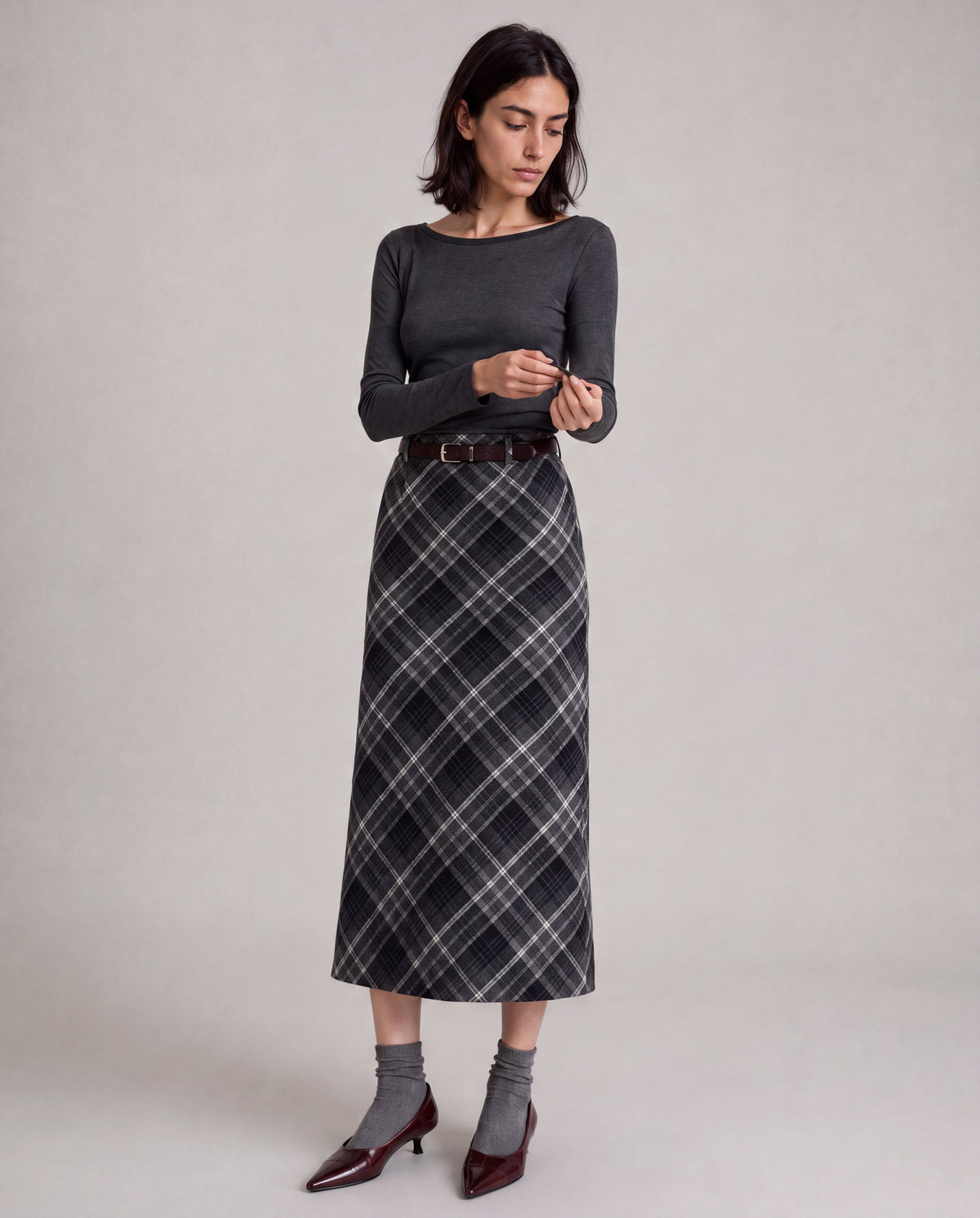 Plaid Split-Hem Midi Skirt — Black Gray Plaid, model main view