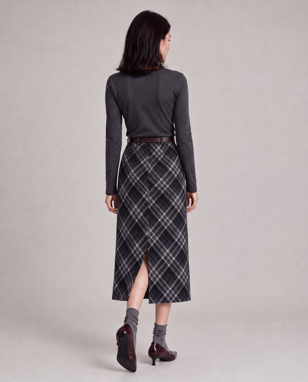 Plaid Split-Hem Midi Skirt — Black Gray Plaid, model back view