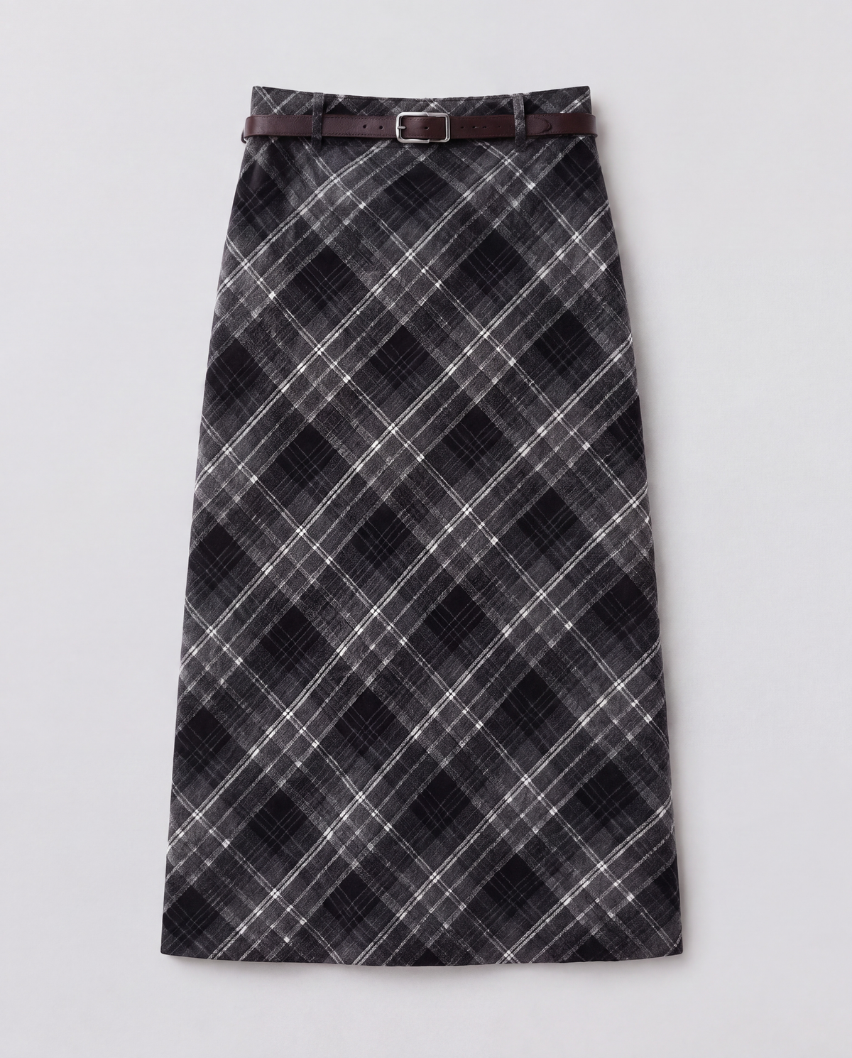 Plaid Split-Hem Midi Skirt — Black Gray Plaid, product front