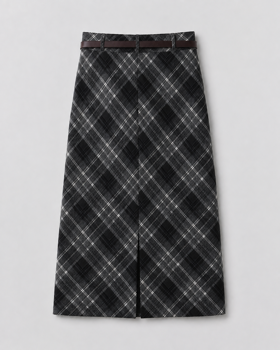 Plaid Split-Hem Midi Skirt — Black Gray Plaid, product back