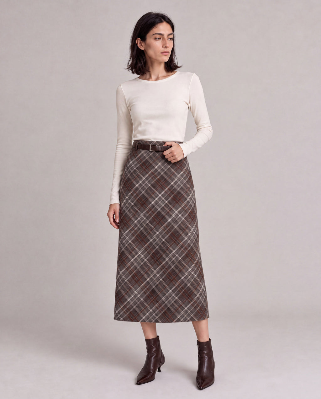 Plaid Split-Hem Midi Skirt — Brown Gray Plaid, model main view