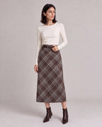 Plaid Split-Hem Midi Skirt — Brown Gray Plaid, model main view