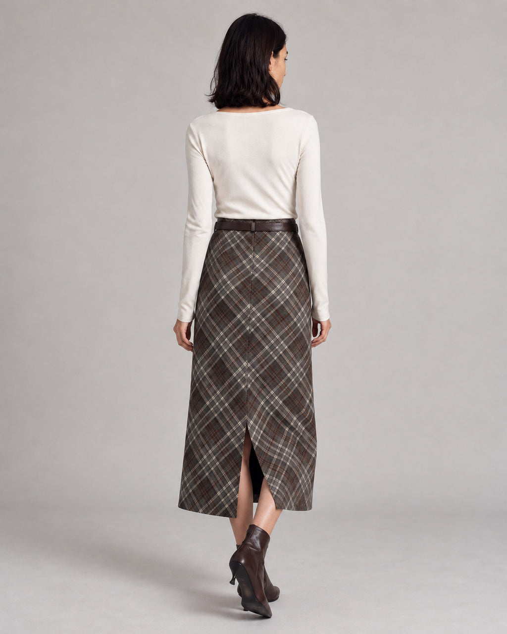 Plaid Split-Hem Midi Skirt — Brown Gray Plaid, model back view
